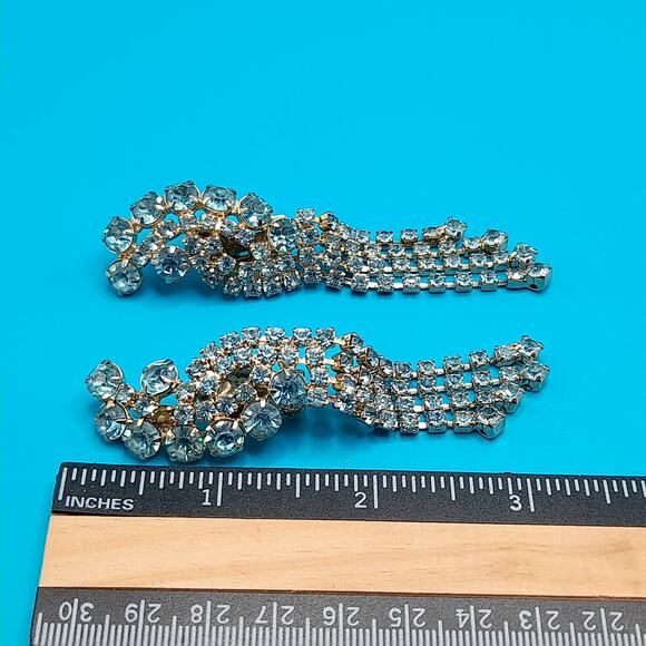 Vintage Blue Rhinestone Fringe Clip Earrings 3.25” Dangle 1960s